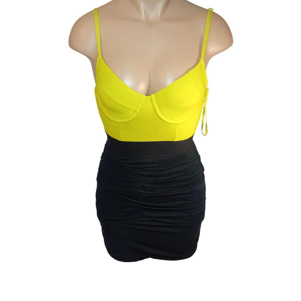 Y2K 2010s Seductions Neon Bodycon‎ Ruched Mini Dress Zipper Boho Party Glam S